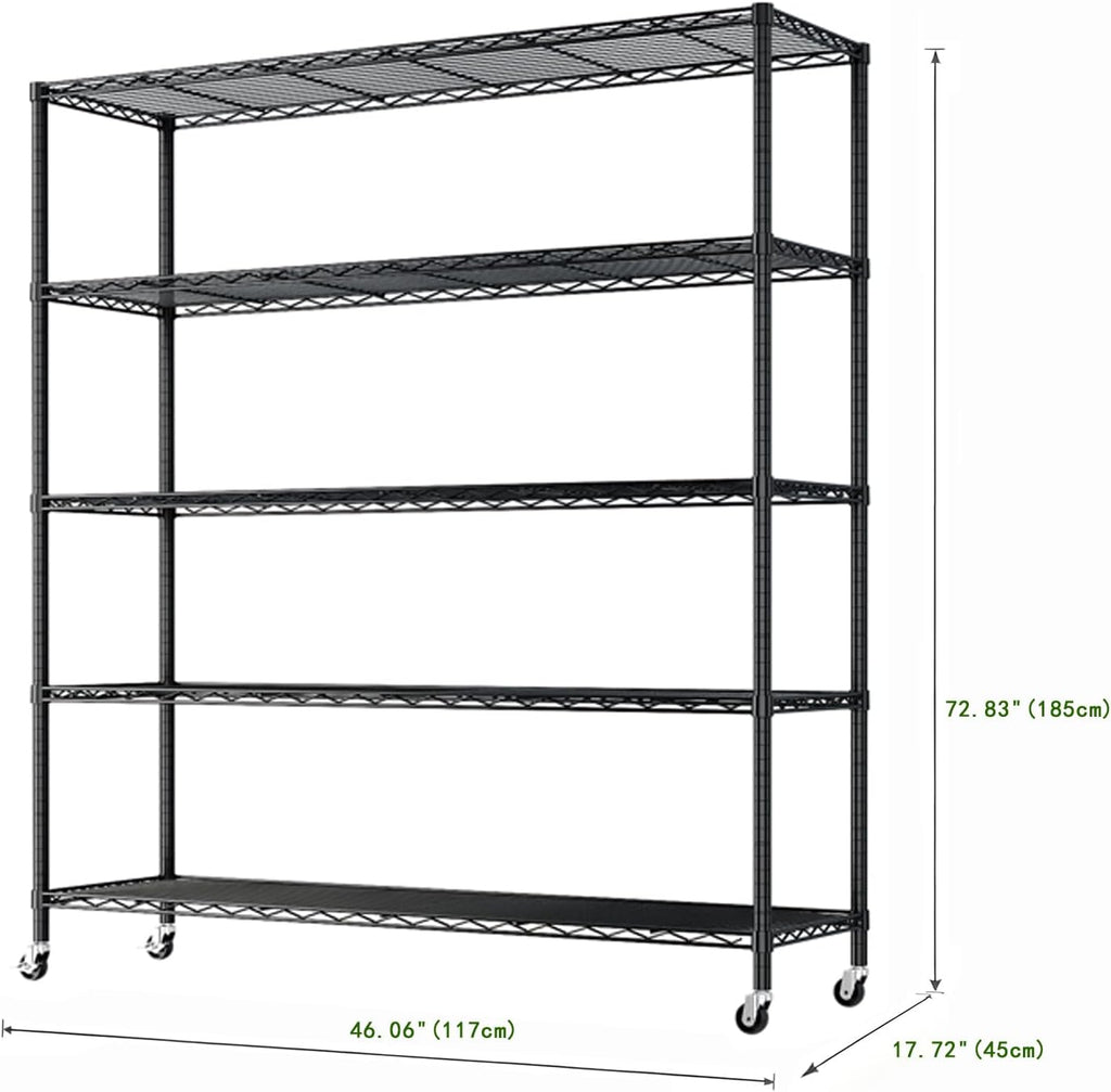 5-Tier Shelving Metal Storage Rack Adjustable Shelves,Standing Storage Shelf Units for Laundry Bathroom Kitchen Pantry Closet (Black 46.06''D × 17.72''W × 72.83''H)
