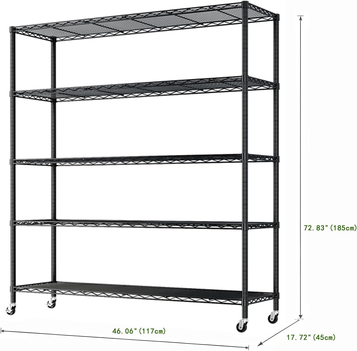 5-Tier Shelving Metal Storage Rack Adjustable Shelves,Standing Storage Shelf Units for Laundry Bathroom Kitchen Pantry Closet (Black 46.06''D × 17.72''W × 72.83''H)