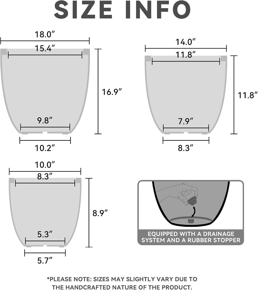 Kante 18',14',10' Dia Concrete Round Planters (Set of 3), Outdoor Indoor Large Planter Pots with Drainage Hole and Rubber Plug for Home Patio Garden, Charcoal