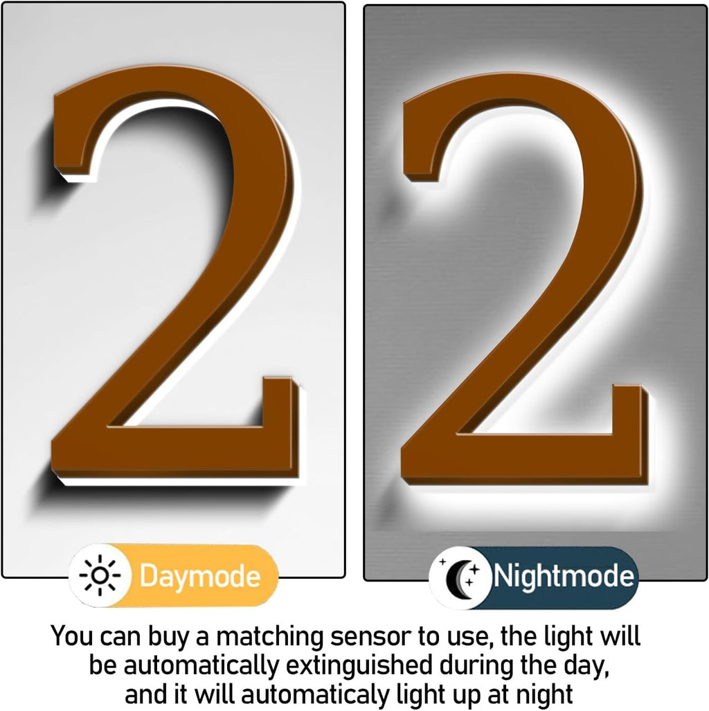 Illuminated LED House Numbers 20 Inch, Backlit LED Illuminated Address Number, Large Modern Lighted House Number For Outdoor, Metal Address Signs, Brown, White Light,8