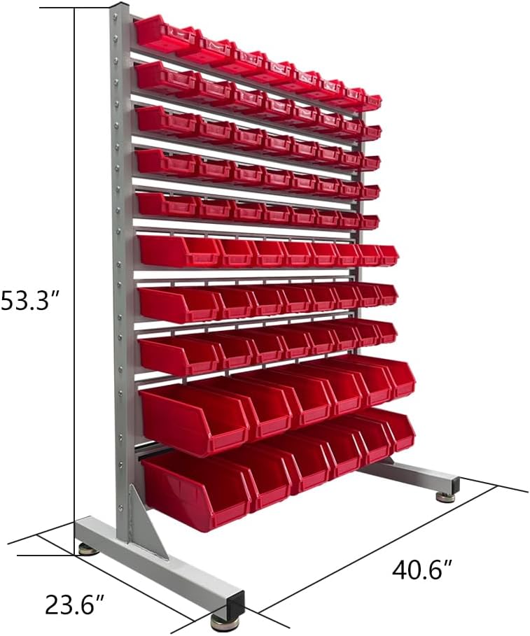 JZD Metal Bin Rack Storage Organizer System, Heavy Duty Steel Frame, 76 Bins for Tools Hardware Nut Bolt, Garage Workshop Factory