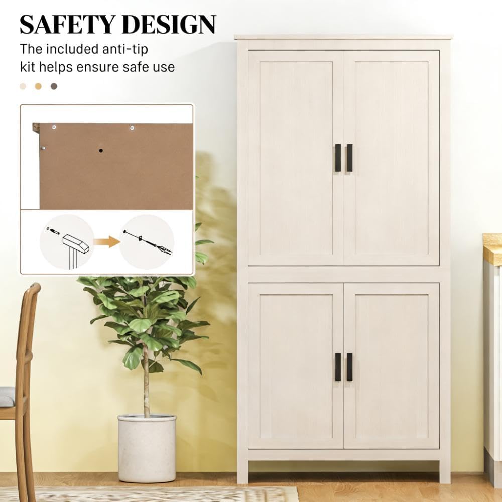 64' Adjustable Shelves Freestanding Storage Cabinet, Kitchen Storage Bakers Rack with Anti-Tipping Design, Utility Food Cupboard with 5-Tier Shelving for Kitchen Dining Living Room, Antique White