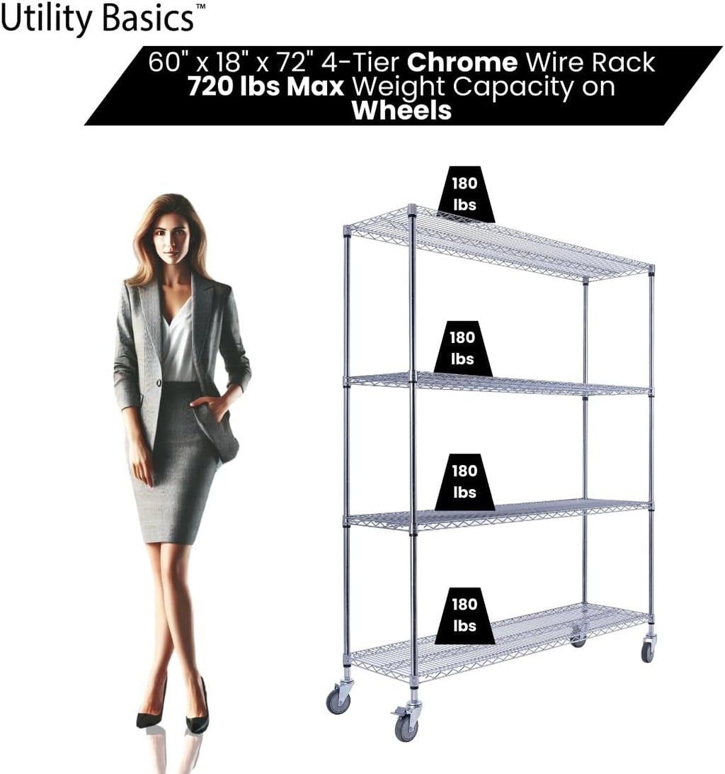 NSF Commercial 4-Tier Wire Shelving with Wheels, 60'x18'x72' Heavy Duty Metal Shelves 3200 lbs Max Capacity, Chrome Storage Rack for Garage Kitchen Pantry Warehouse