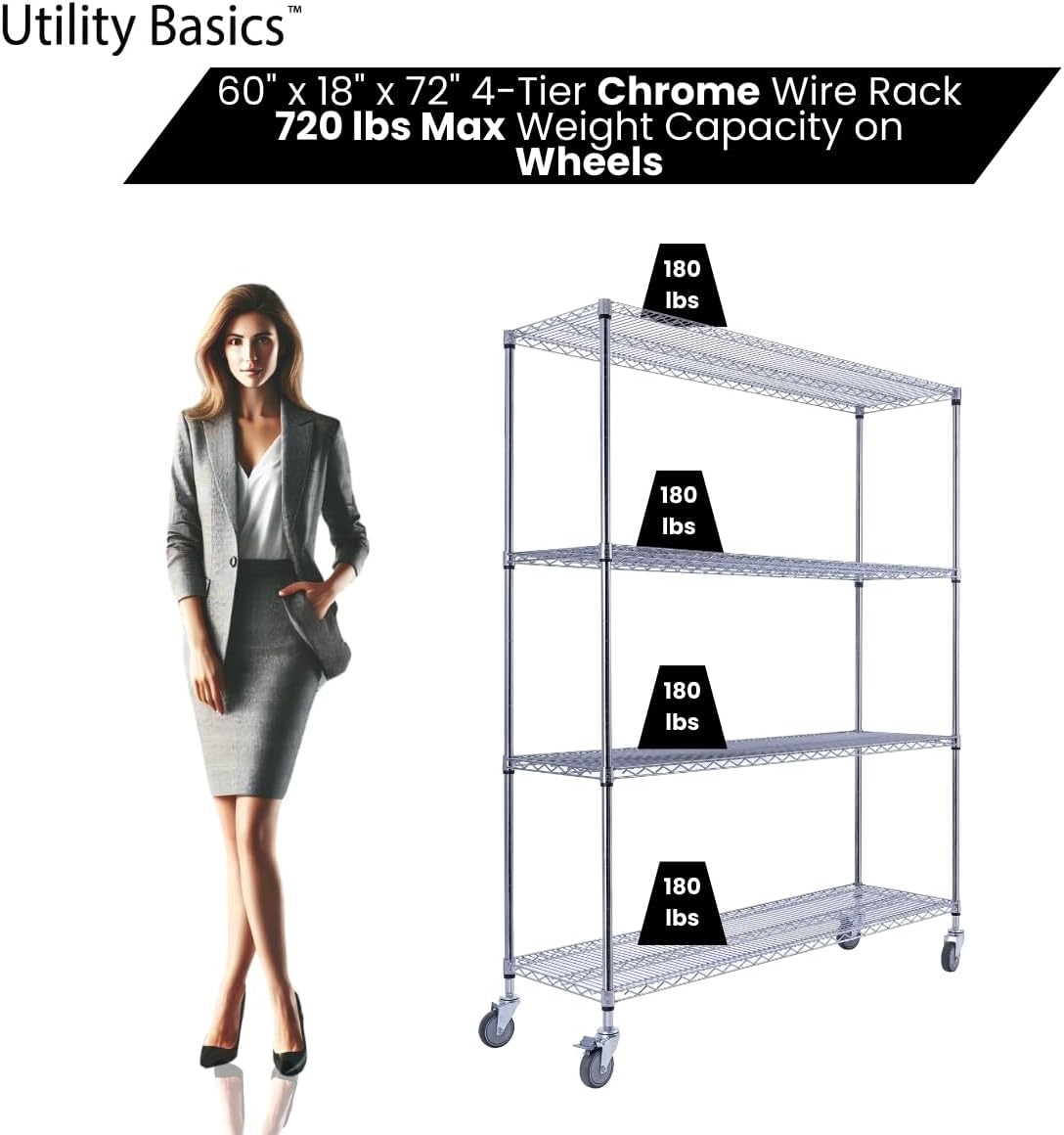 NSF Commercial 4-Tier Wire Shelving with Wheels, 60'x18'x72' Heavy Duty Metal Shelves 3200 lbs Max Capacity, Chrome Storage Rack for Garage Kitchen Pantry Warehouse