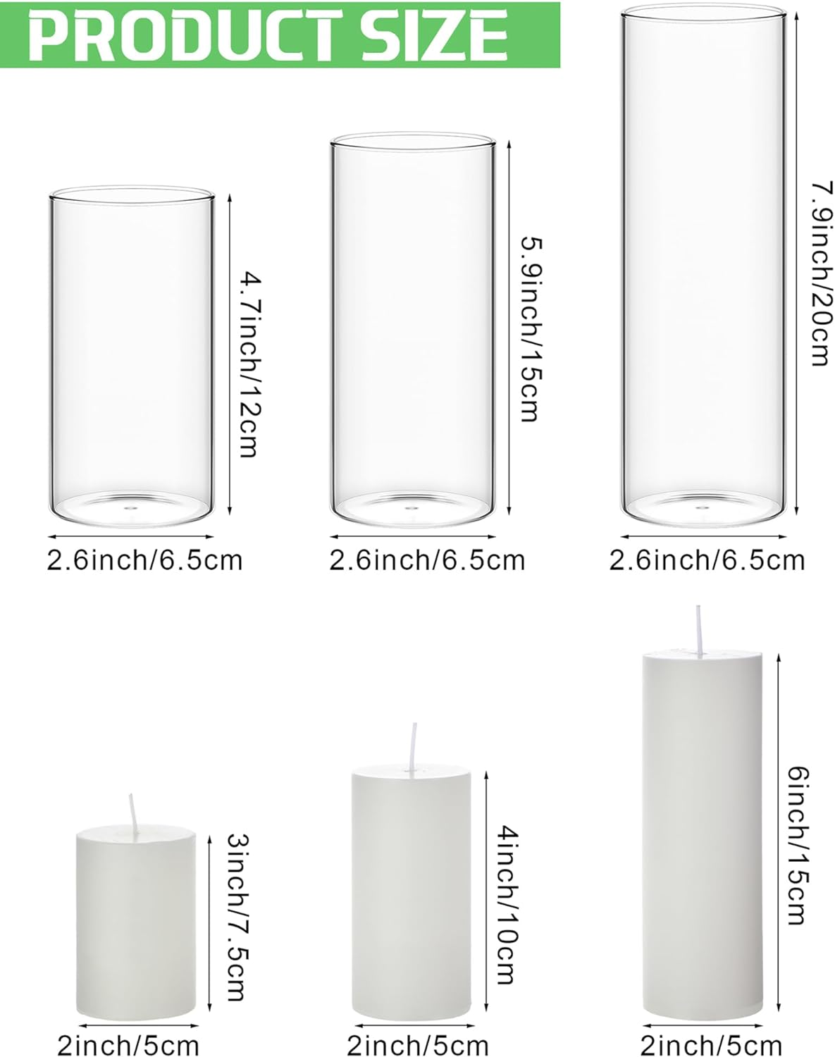 Shihanee 108 Pcs Pillar Candles and Glass Cylinder Vases Clear Cylinder Holders for Slim Pillar Candles Table Decorations, Total 54 Sets(White,108 Pcs)