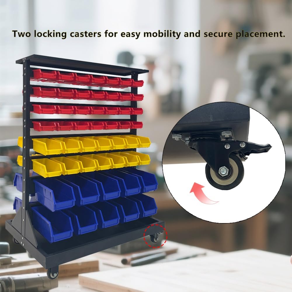 JZD Rolling Bin Storage Rack, Parts Organizer on Wheels, 104 Bins for Nuts Bolts Hardwares, 8-Tier Double Sides Bin Shelves for Garage Warehouse Factory