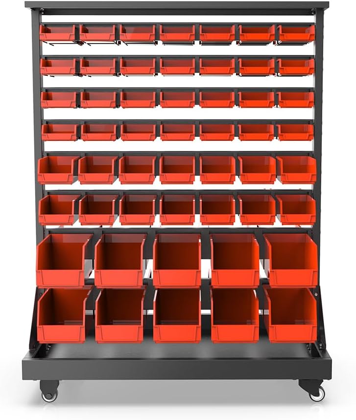 Metal Bin Storage Rack on Wheels, Dual Sided Steel Parts Organizer, 104 Bins for Nut Bolt Hardware, Heavy Duty Double Sides Shelf for Auto Repair Shop Garage Warehouse Workshop, 35.4' x 23.6' x 47.4'
