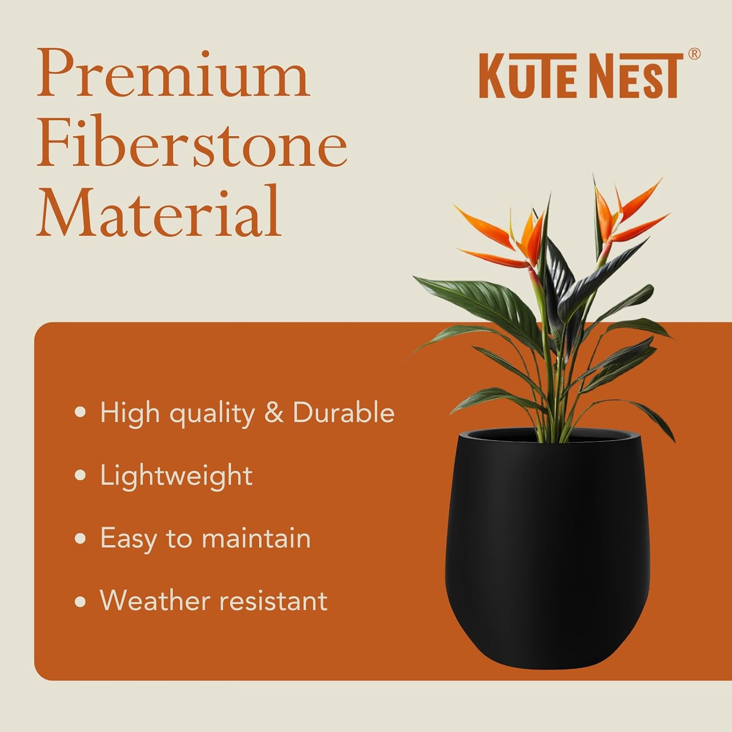 KUTE NEST 21' H x 19' D Premium Corso Fiberstone Round Planter for Outdoor & Indoor Plants, Ideal for Snake Plants, Monstera & House Plants, Included 2 Extra Coco Mats (Black, 15' Pot Opening)