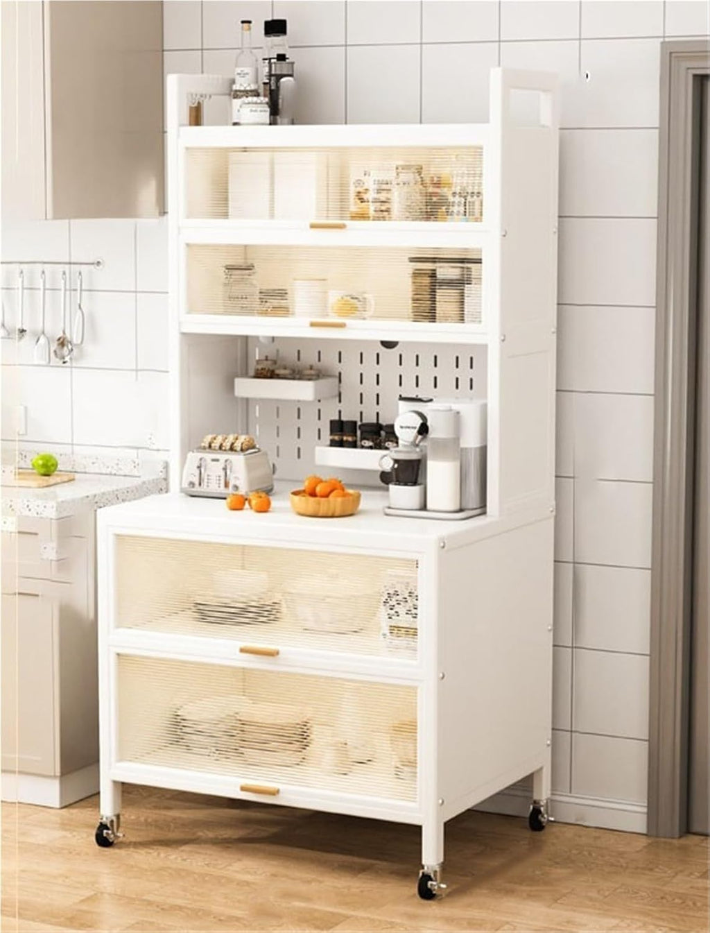 Kitchen Pantry Storage Cabinet Shelf Microwave 6-Tier Stand with Storage with Flip Door and Wheels Metal Sideboard Baker's Rack Coffee Pub for Spices Pots Pans ﻿,Living Room