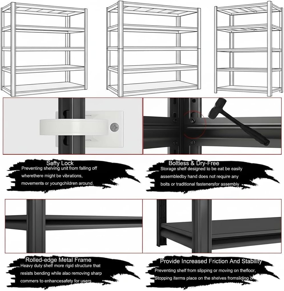 Metal Shelving Adjustable Shelves Heavy Duty Garage Storage Shelving Unit Black Steel for Office Garage Classroom Warehouse Studio 84' H x 59.5' W x 23.6' D 4200LBS 6-Tier