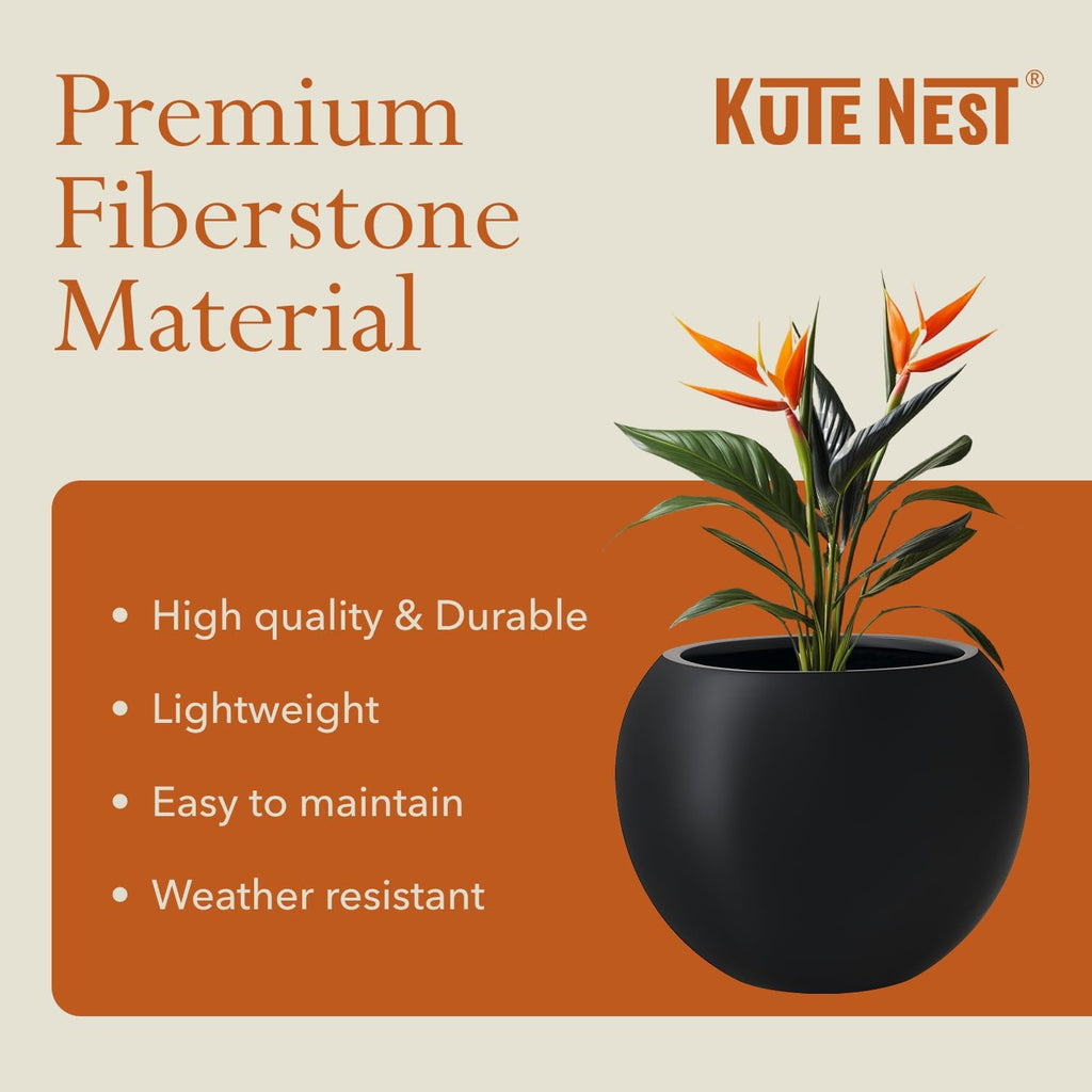 KUTE NEST 16' H x 20' D Premium Globo Fiberstone Round Planter for Outdoor & Indoor Plants, Ideal for Snake Plants, Monstera & House Plants, Included 2 Extra Coco Mats (Black, 13.5' Pot Opening)