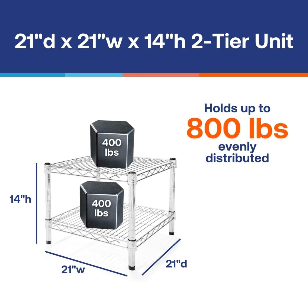 Shelving Inc. 21' d x 21' w x 14' h Chrome Wire Shelving with 2 Tier Shelves, Weight Capacity 800lbs Per Shelf