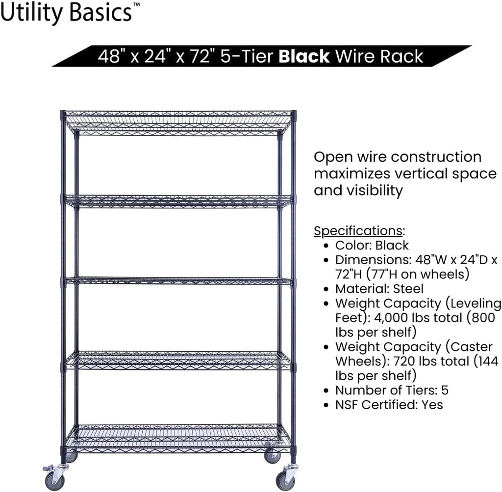 NSF Commercial 5-Tier Wire Shelving with Wheels, 48'x24'x72' Heavy Duty Metal Shelves 4000 lbs Max Capacity, Black Storage Rack for Garage Kitchen Pantry Warehouse