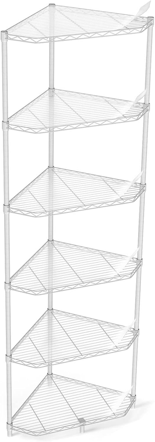 pouseayar 6 Tier Pentagonal Corner Wire Shelving Unit, 600lbs Capacity Heavy Duty Adjustable Storage Rack with Shelf Liners, 72' H x 20' L x 20' D - White