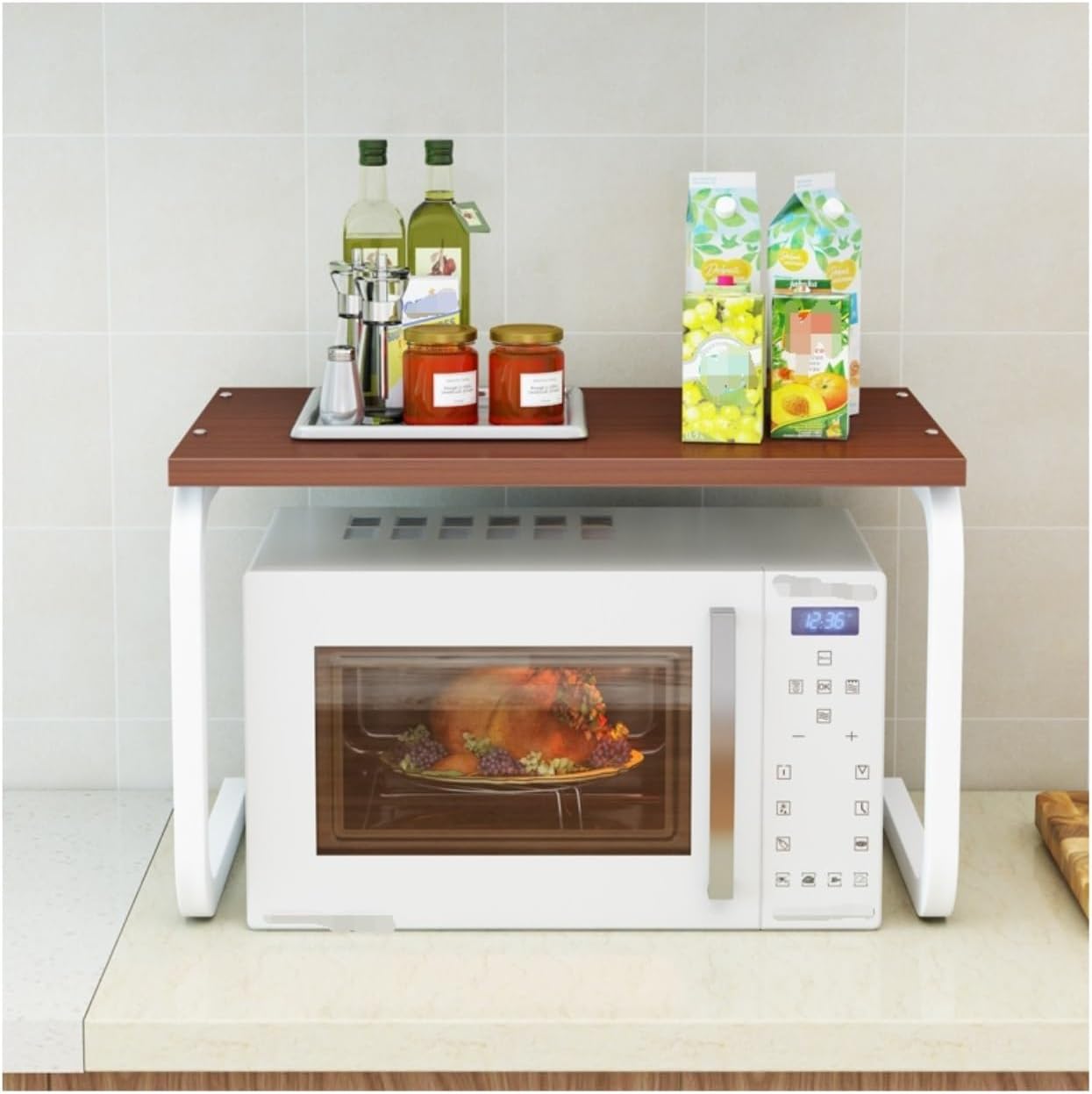 Microwave Oven Rack Wooden Microwave Oven Rack Counter Spice Rack Organizer for Kitchen Steel Frame Microwave Stand Storage Rack Organizer for Kitchen Counter (Color : Teak+White)