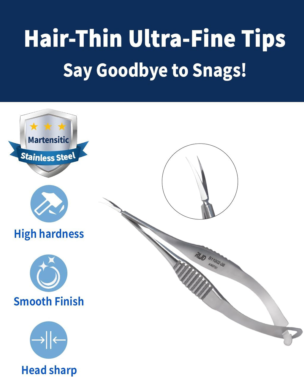 RWD VANNAS Micro Scissors, 3.2' Curved Tapered Tip, Extra Sharp Spring Action Squeeze Scissors for Stitch Cutting, Embroidery, ENT, Eye, Skin, Dental, and Veterinary Surgery (8cm) - S11002-08