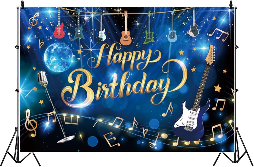 AWERT 20x10ft Blue Popular Music Theme Happy Birthday Background Banner Colorful Guitar Gold Music Notes Photography Backdrop Kids Adults Birthday Party Decoration Supplies