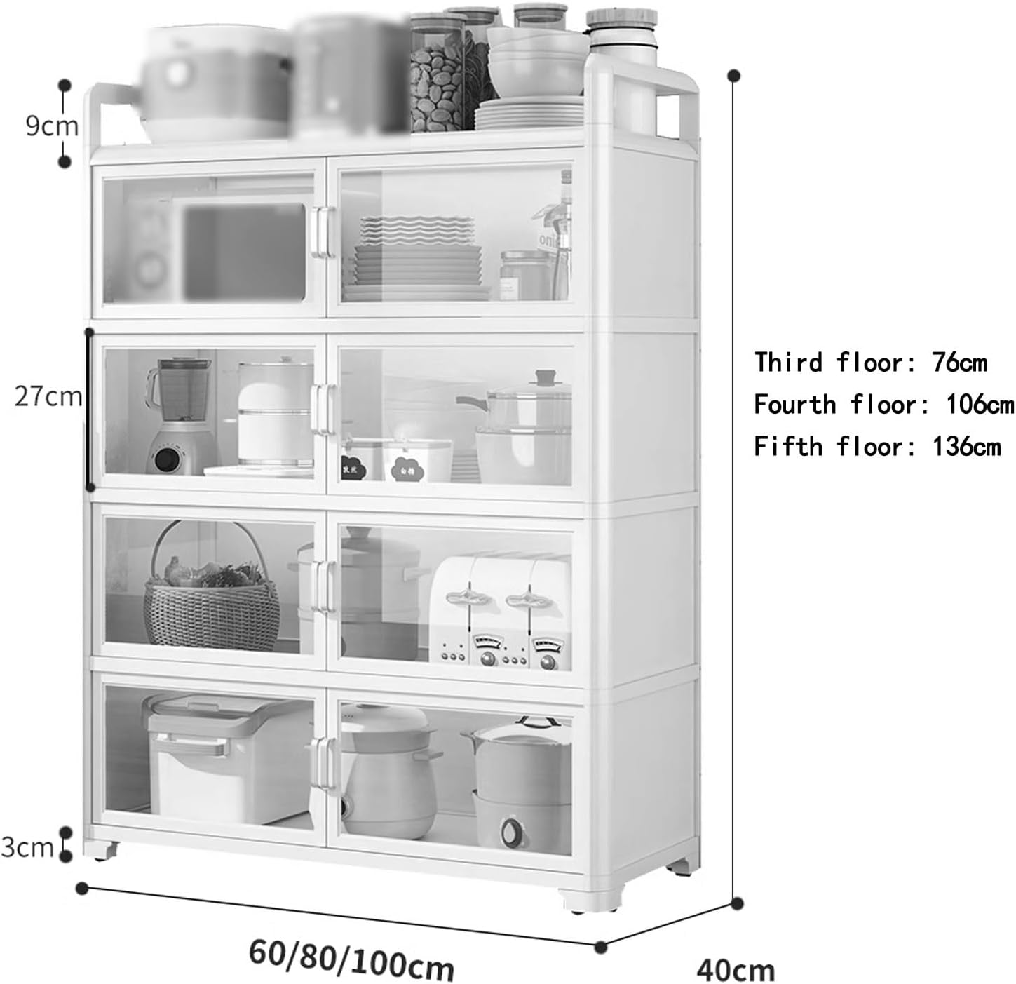 Kitchen Storage Rack with Doors Corner Bakers Racks for Kitchens with Storage Double Door Magnetic Design with Double Rolling Wheels, for Kitchen, Dining Room(White,60 * 40 * 106 cm)