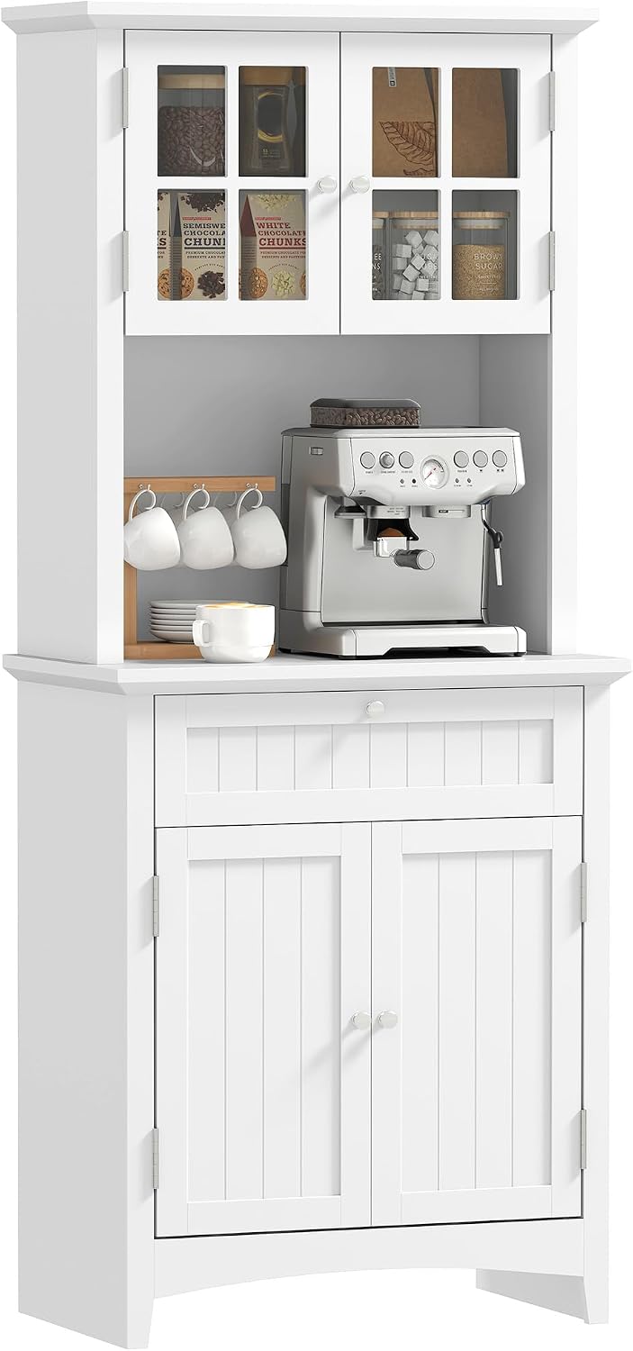 HOMCOM Elegant Buffet with Hutch, Kitchen Pantry Storage Cabinet with Framed Glass Door Drawer and Microwave Space for Dining Room, Living Room, White