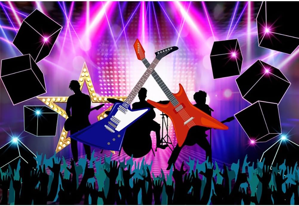 Laeacco 20x10ft Neon Music Concert Stage Backdrop Electronic Guitar Music Carnival Rock and Roll Live Shows Photography Background Kids Adults Birthday Party Cake Table Decor Banner Photo Booth Props