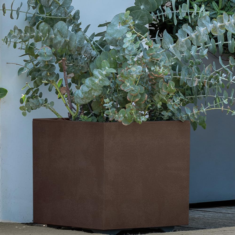 Deroma Millennium 19' Cube Planter | Light & Durable Plastic | Indoor or Outdoor Square Pot for Patio/Porch | Water Res. Wheels & Drain Plug | Trendy Planter for Plants, Flowers, Garden | Brown