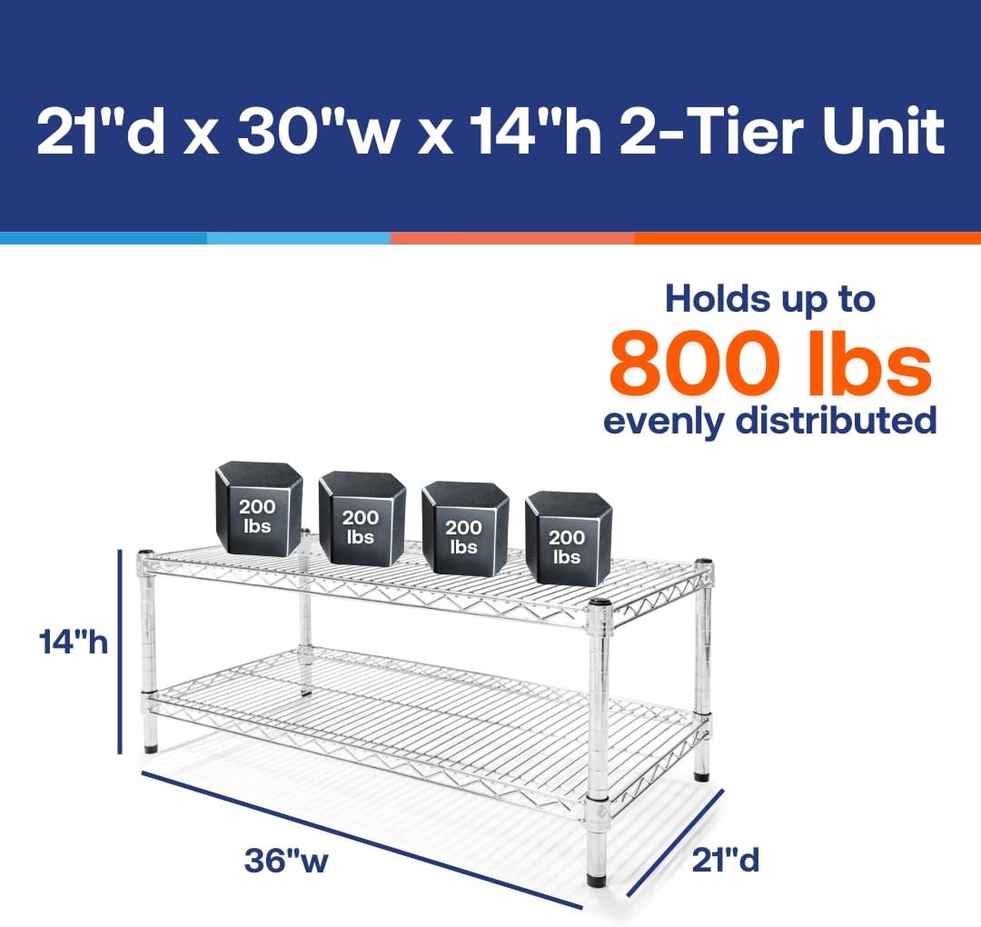 Shelving Inc. 21' d x 30' w x 14' h Chrome Wire Shelving with 2 Tier Shelves, Weight Capacity 800lbs Per Shelf