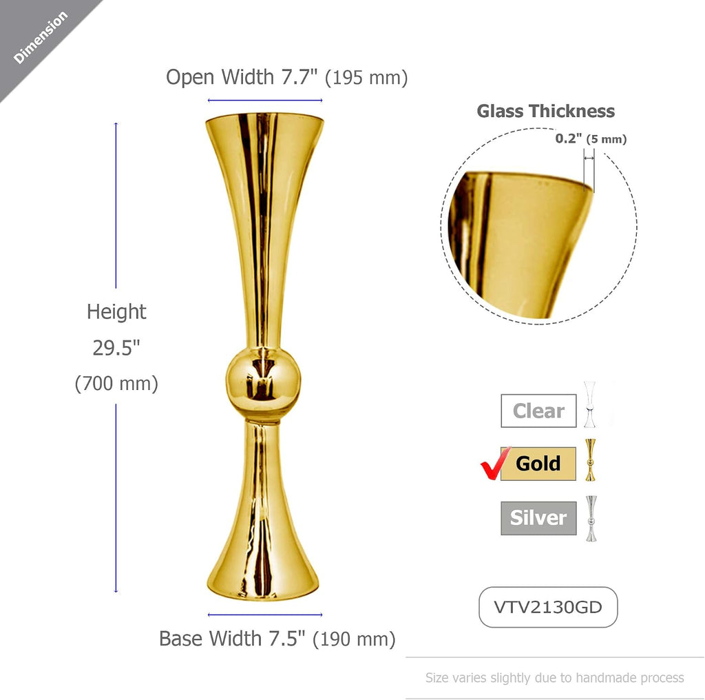 WGV Tall Trumpet Vase Bulk, Open 7.5', Height 30', Base 7.5', (Multiple Size/Color Choices) Gold Reversible Latour Floral Wedding Centerpiece Home Event Decor, 2 Pieces (VTV2130GD)
