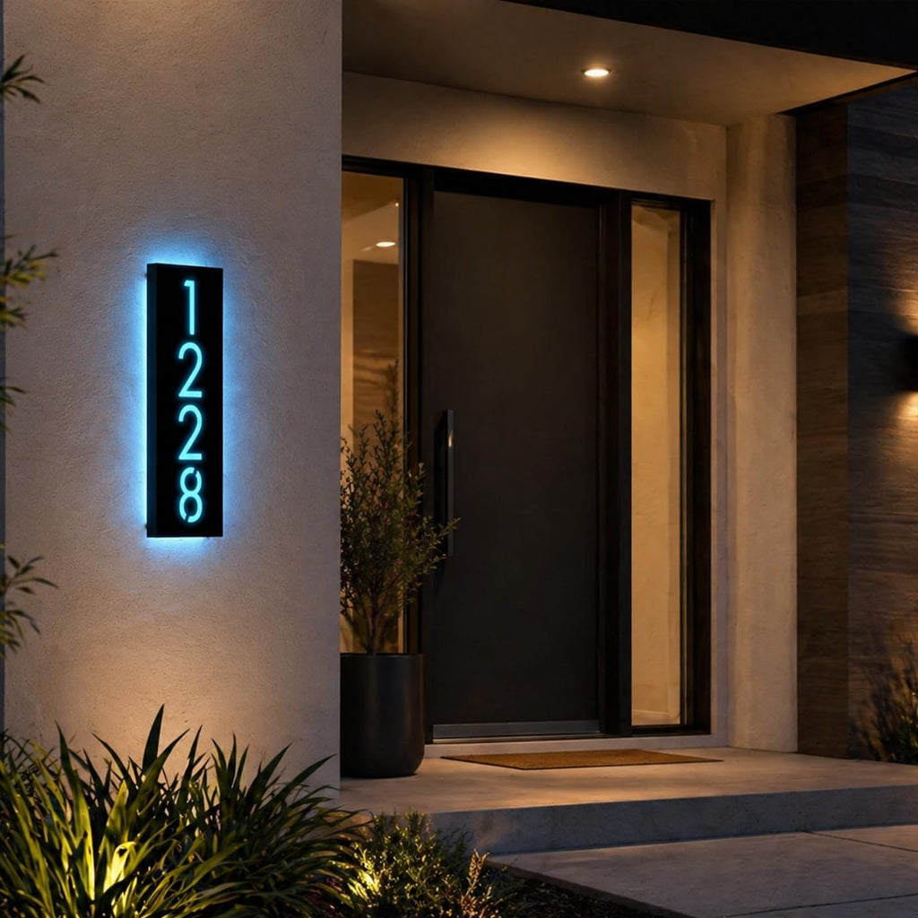 Customizable 12V LED Lighted Address Plaque, Backlit House Number Sign with 304 Stainless Steel Exterior (Only ice blue light)