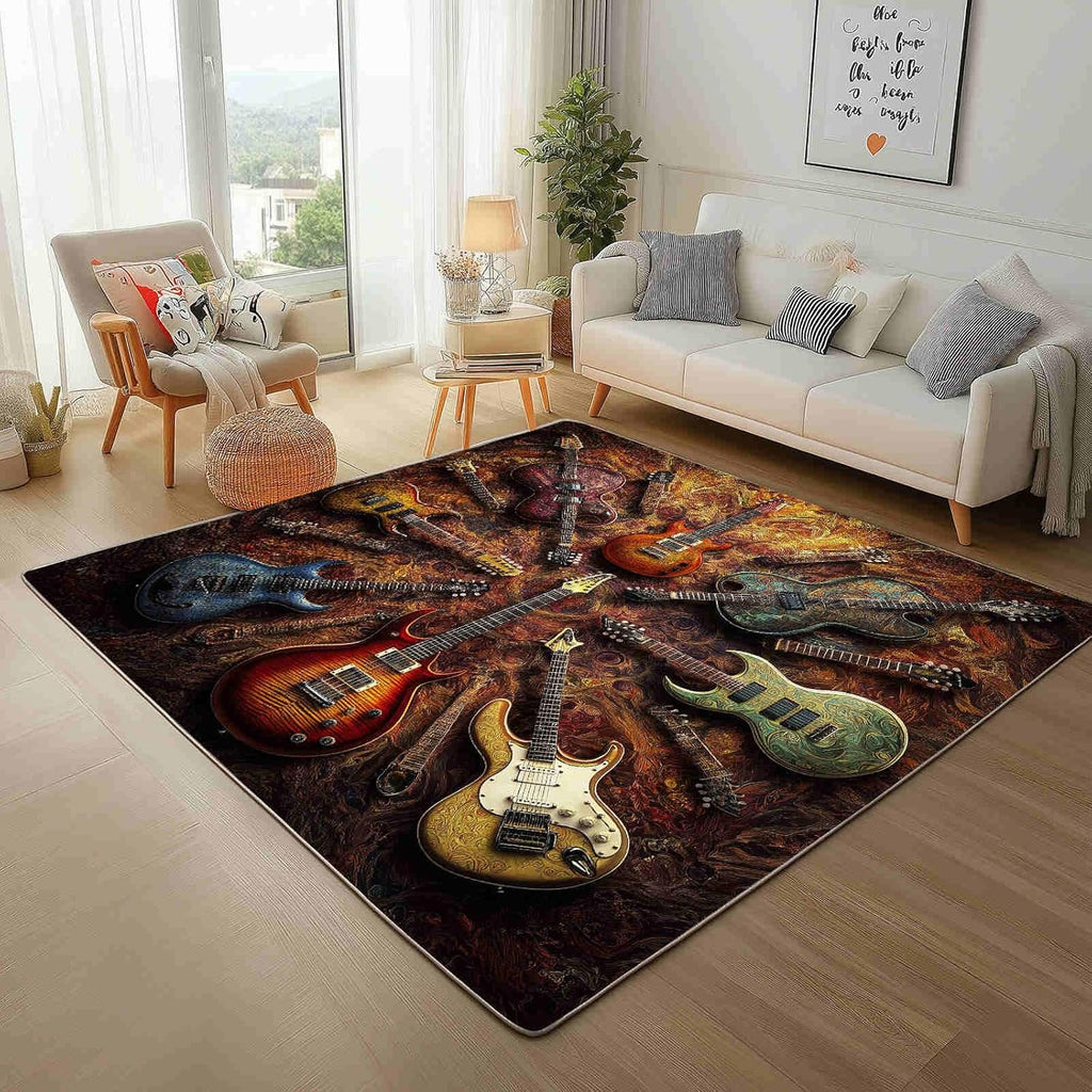 Rock Guitar Silhouette 5x7 Area Rugs Washable Flame Wave Texture Kids Rug for Bedroom Home Decor Carpet Crimson Rugs Indoor Non-Slip Low Pile Rug