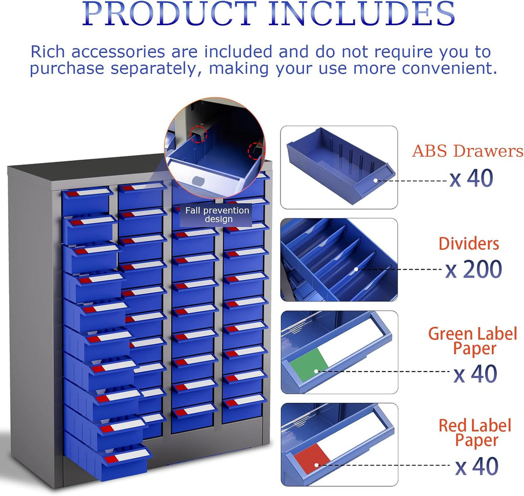 40-Drawer Parts Cabinet, Steel Bolt and Nut Bolt Organizer, Bolt Bins with ABS Drawers & Tool Storage Labels, Nut and Bolt Organizer for Workshop, Garage Tool Organization, Home and Office