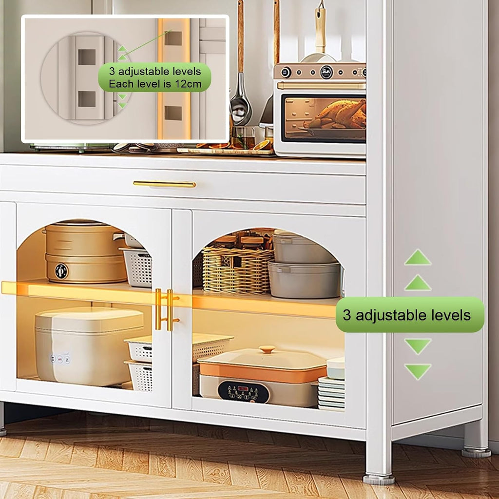 Kitchen Bakers Rack with Storage, Standing Kitchen Storage Rack with Drawer, Microwave Stand with 3 Hooks, Large Capacity(White,100cm)