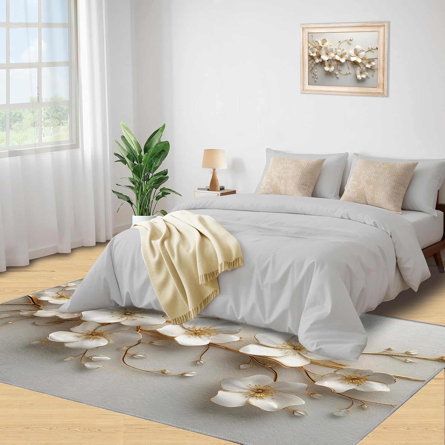 3D Flowers Rug - Large Rug 6x8 - Embossed Flowers Rugs for Living Room - Soft & Non Slip & Washable Rugs for Bedroom, Golden Branches Carpets for Dining Room Lounge Girls Room