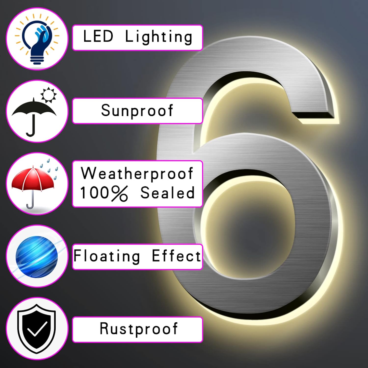 Backlit Illuminated LED House Numbers Signs 40cm, Stainless Steel Modern Lighted Up Address Numbers For Outside, Waterproof, Easy To Install,G
