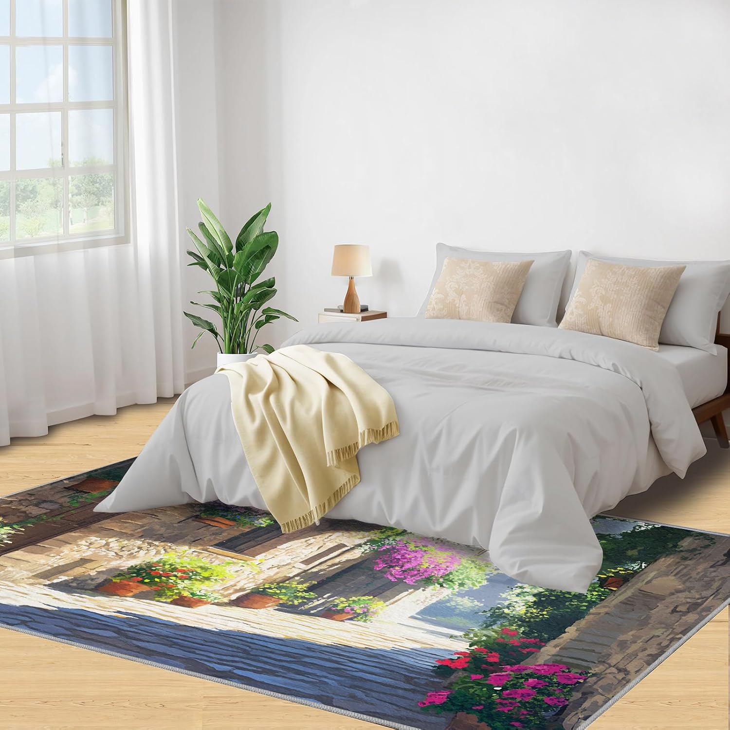 Tuscany Italy Rugs for Bedroom - 6x8 Rug, Italian Street Area Rugs for Living Room, Flowers Green Plants Carpet, Landscape Washable Area Mat, Italian Carpet, Italy Home Decor & Gifts