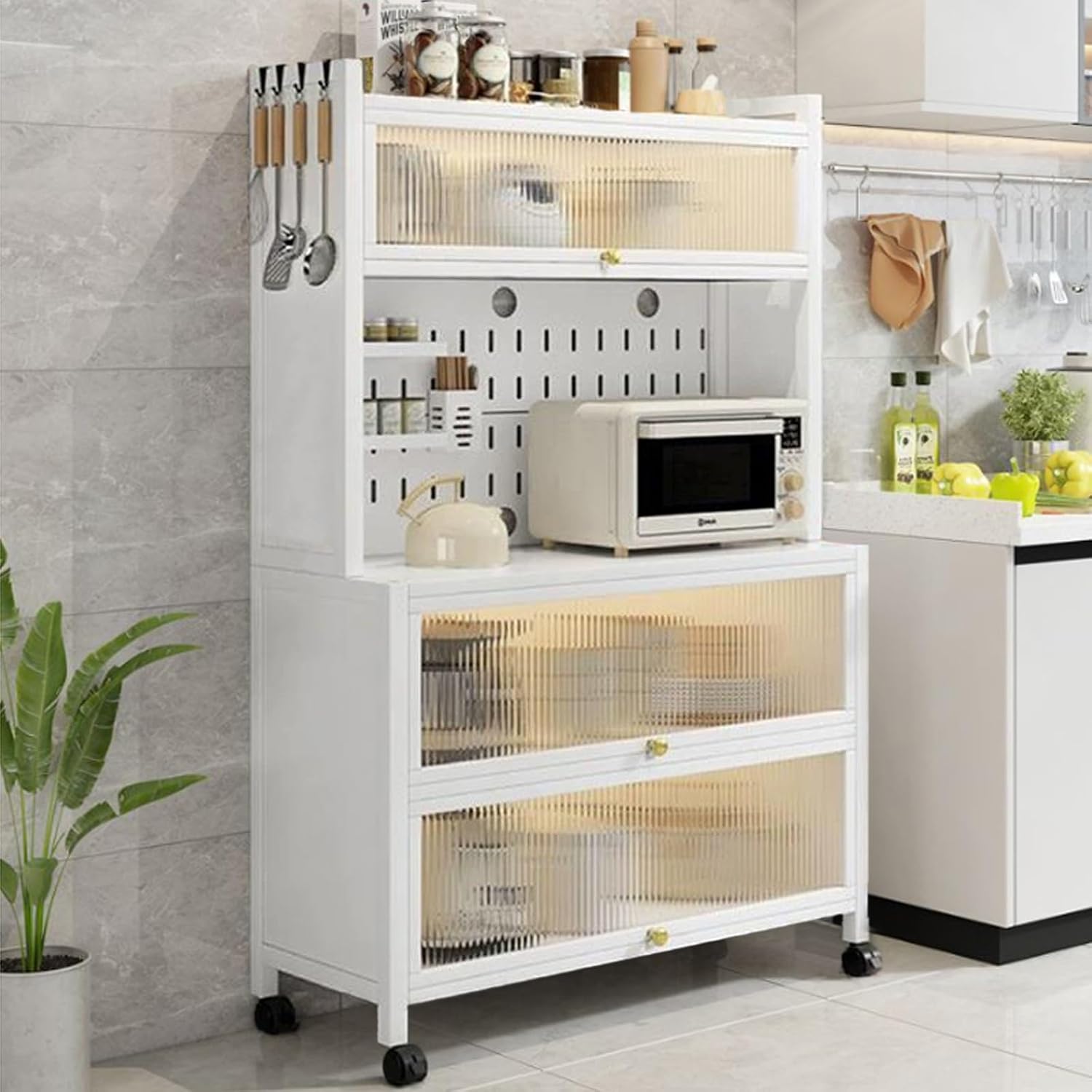 Bar Hutch with Flip Door, 5 Tier Bakers Rack, Storage Hutch for Kitchen with 4 Hooks for Home, Living Room, Dining Room(White/Black)