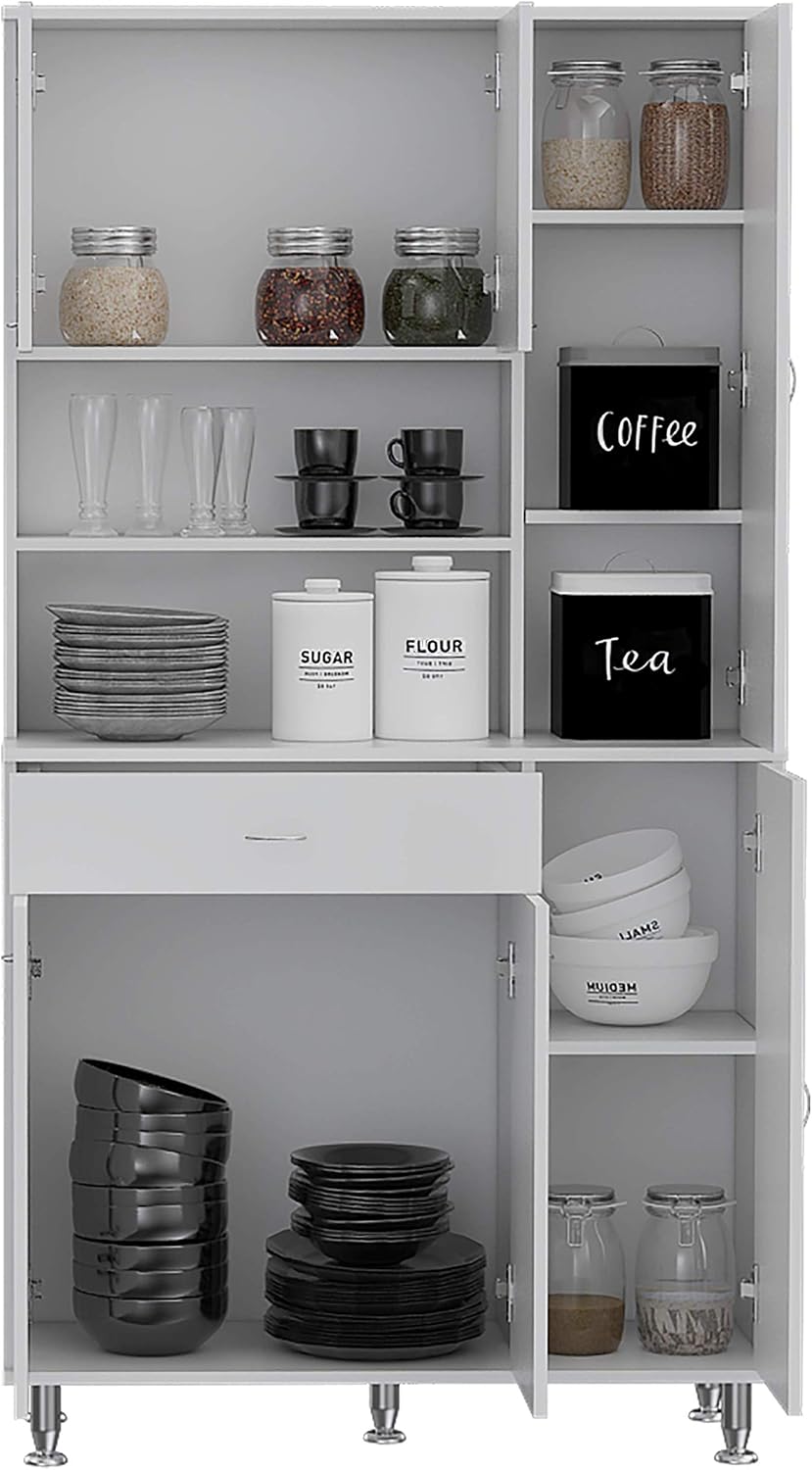 66' High-Capacity Freestanding Storage Cabinet, Kitchen Storage Bakers Rack with Multi-Shelves, Utility Food Cupboard with Drawer for Home Kitchen Areas, White