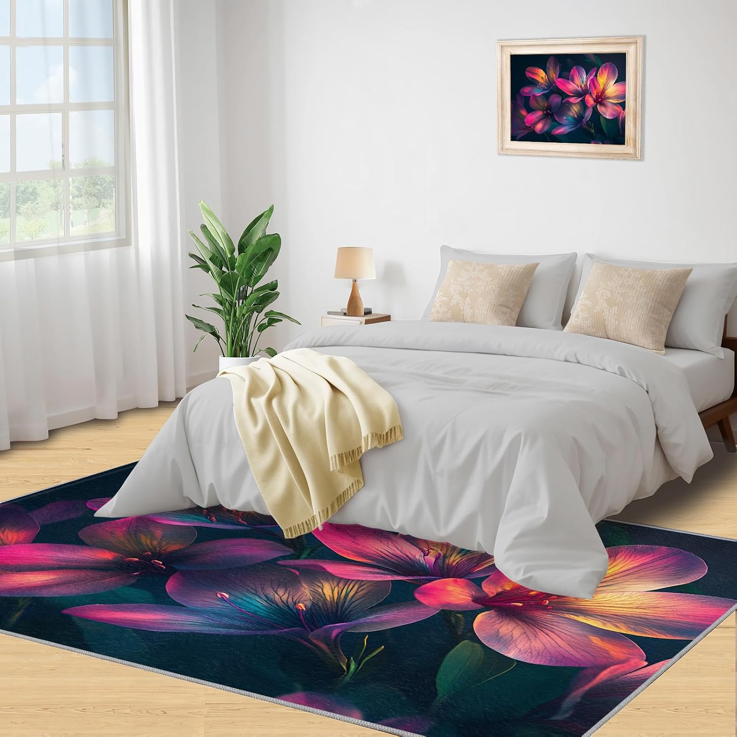 Colorful Flowers Rug - Large Rug 6x8 - Pink and Purple Rugs for Living Room - Soft & Non Slip & Washable Rugs for Bedroom, 3D Petals Carpets for Dining Room Lounge Girls Room
