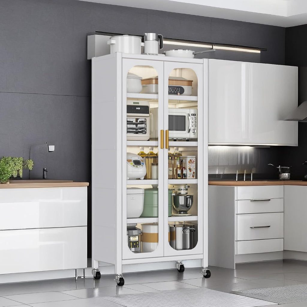 Runboll Kitchen Pantry Storage Cabinet, 6 Tier Metal Sideboard with Wheels and Acrylic Glass Door, Modern Display Curio Cabinet Bookcase White