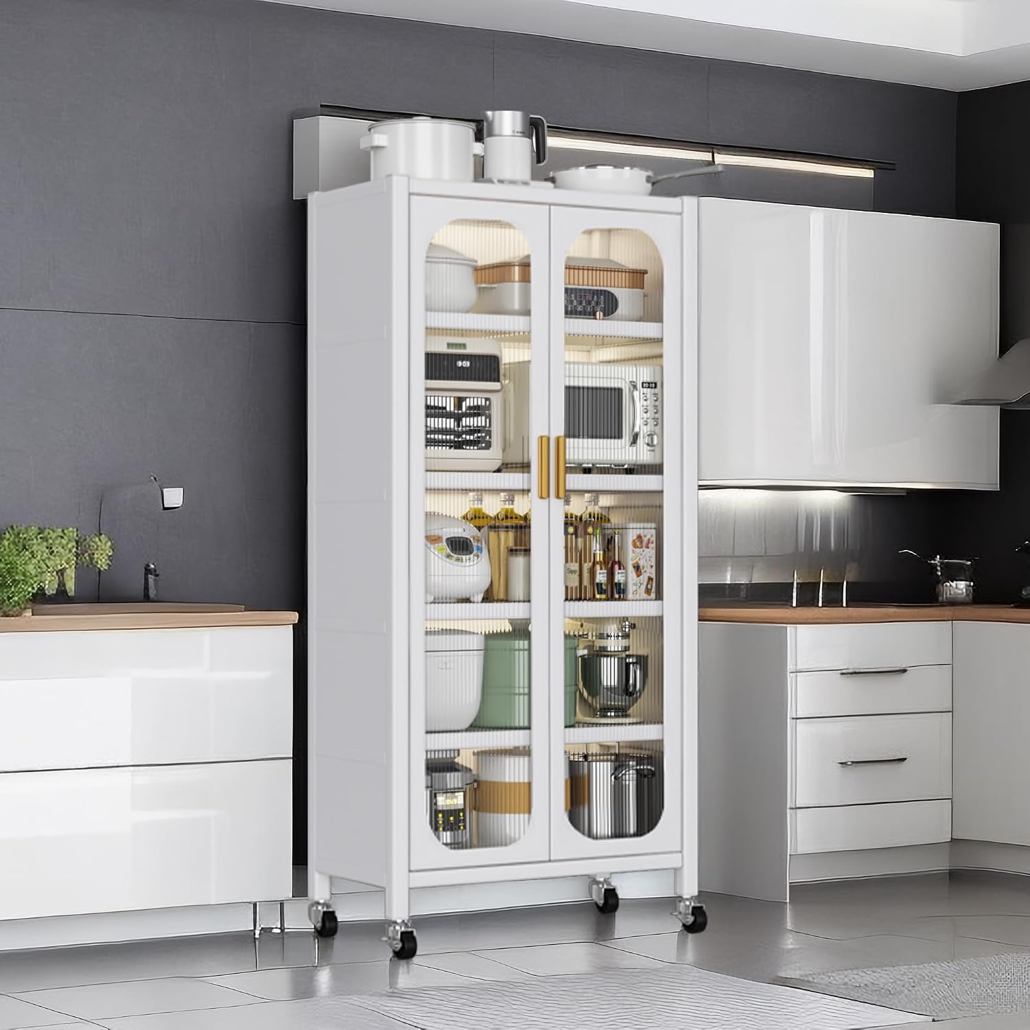 Runboll Kitchen Pantry Storage Cabinet, 6 Tier Metal Sideboard with Wheels and Acrylic Glass Door, Modern Display Curio Cabinet Bookcase White