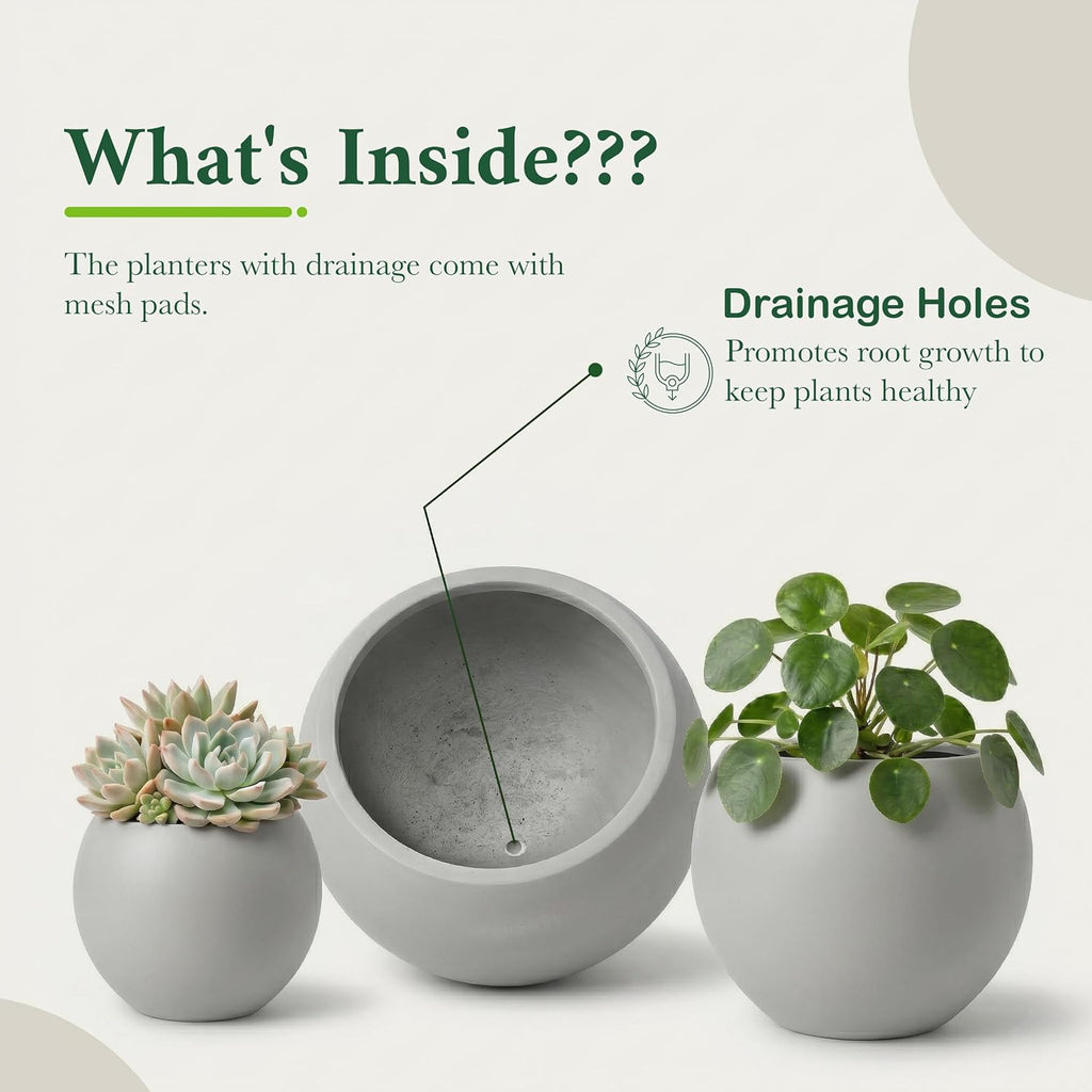 DTY Mount Sherman 21.1'' D x 16.7'' H (Pot Opening 14.6') Fiberstone Round Planter with Drainage Hole, Smooth Finishes, Weather Resistant for Indoor and Outdoor, 2 Extra Coco Mats - Light Gray, Large