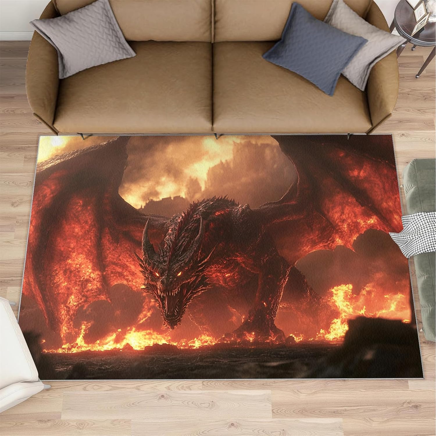 Flame Dragon Area Rug, Dragon Attack Print Rugs, Machine Washable Kids Rug for Living Room Bedroom Children's Room Dormitory Decor Floor Mat 6x8