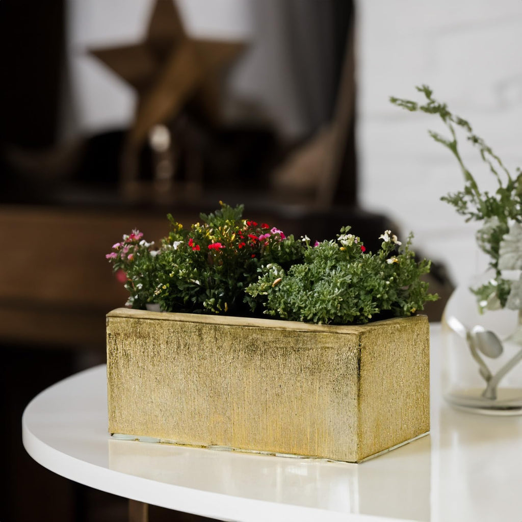 WGVI Long Rectangle Ceramic Planter Vase in Gold Etched 12' x 4' x 4'H, Block Rectangular Terrarium Box Pot, Flower Arrangement, Table top Centerpiece, Home Decor Storage Container, Bulk, 6 Pcs.