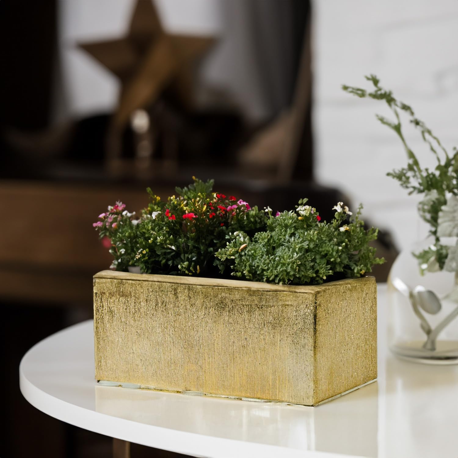 WGVI Long Rectangle Ceramic Planter Vase in Gold Etched 12' x 4' x 4'H, Block Rectangular Terrarium Box Pot, Flower Arrangement, Table top Centerpiece, Home Decor Storage Container, Bulk, 6 Pcs.