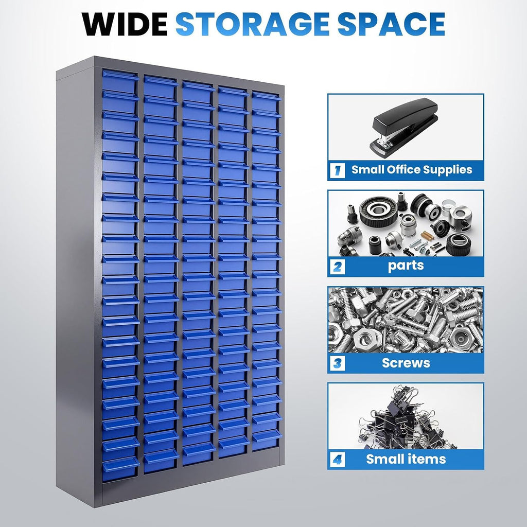 100 Drawers Industrial Parts Cabinet, Hardware Electronics Bolt and Nut Organizer for Factory Garage, ABS Material Drawer with Label Stickers, for Office Supplies and Hardware Storage, Sliver&Blue