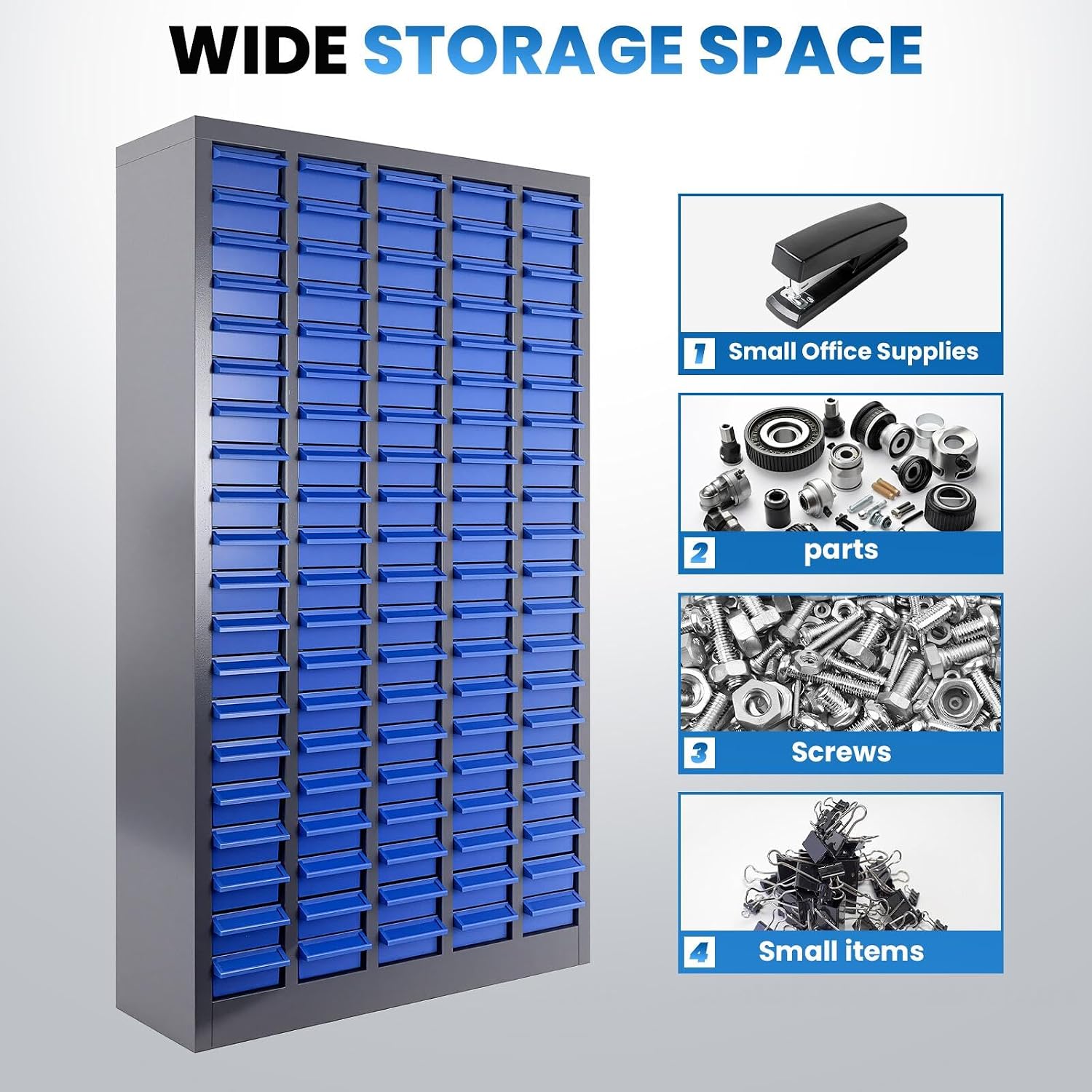 100 Drawers Parts Cabinet, Bolt and Nut Parts Equipment Organizer, ABS Material Drawer with Label Stickers, for Garage, Shop, Office, Sliver&Blue