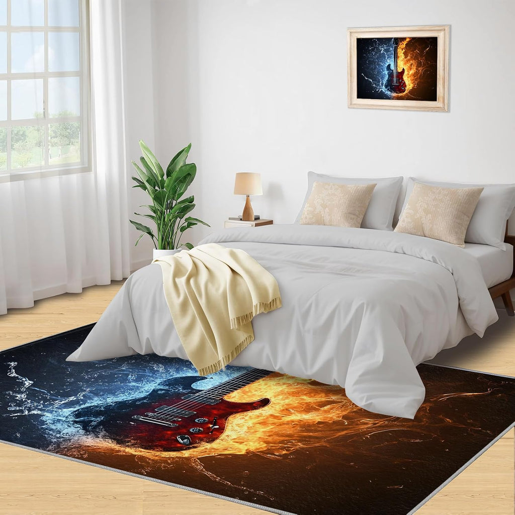 Music Rugs for Living Room, Electric Guitar Washable Rug， Boys Rugs for Bedroom, Low Pile & Non Slip, Indoor Carpet, 5x8 Area Rug & Entryway Decor