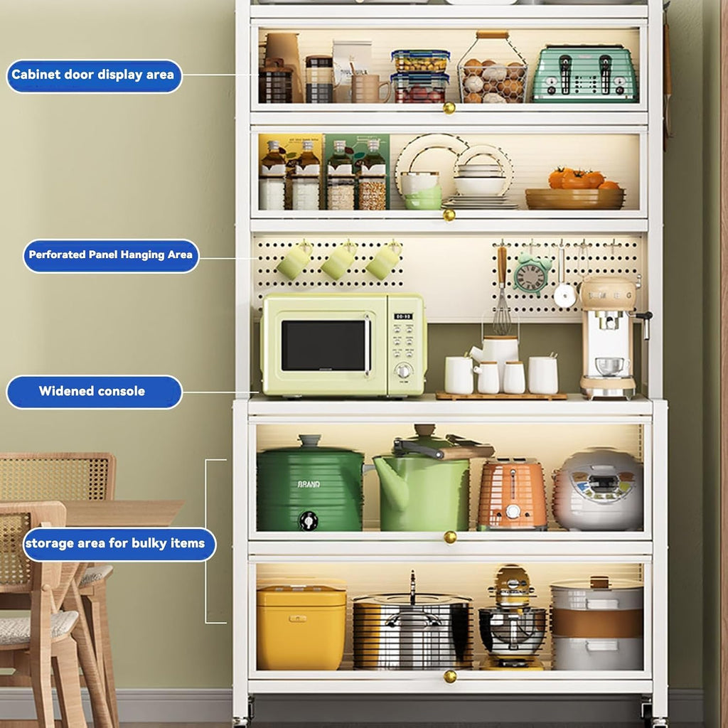 Free Standing Bakers Rack 6-Tier Kitchen Units Kitchen Storage Shelves Large Metal Kitchens Rack with Flip Door and Pegboard and Wheels & 8 Hooks(Gray,L-80CM/31.5IN)