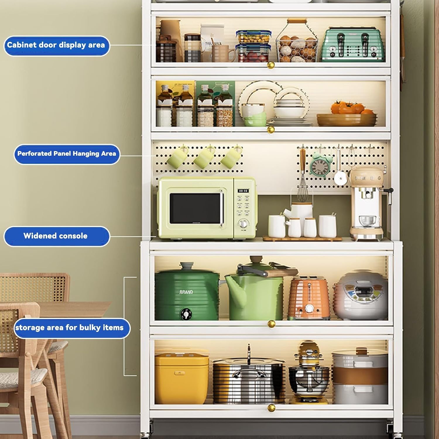 Free Standing Bakers Rack 6-Tier Kitchen Units Kitchen Storage Shelves Large Metal Kitchens Rack with Flip Door and Pegboard and Wheels & 8 Hooks(Gray,L-80CM/31.5IN)