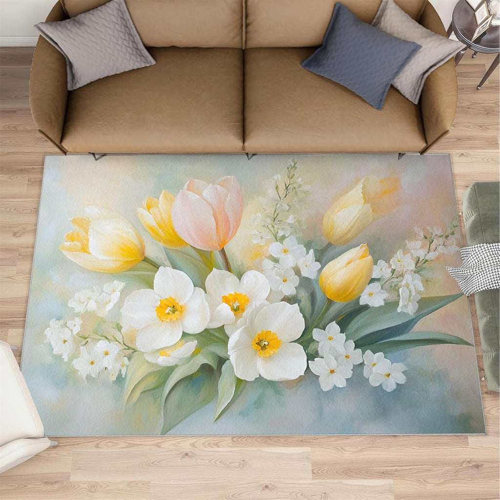 Florals Still Life Rug 6x8 - Oil Painting Florals Large Rugs for Living Room, Simple Flowers Carpet Area Rug for Girls Bedroom Kids Room Basement Office Classroom