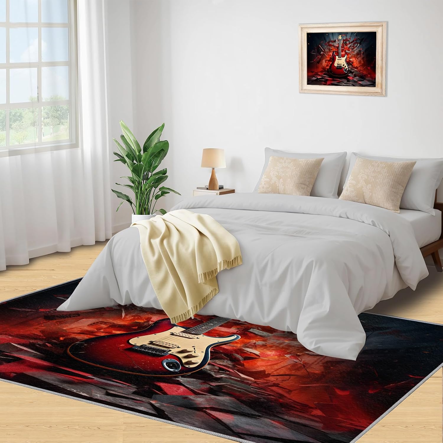 Guitar Home Decor Area Rug - Cool Guitar Bedroom Rug - Music Lover Living Room Rugs - Non-Slip Low Pile Carpet for Kids Room Band Recording Studio 6x8ft